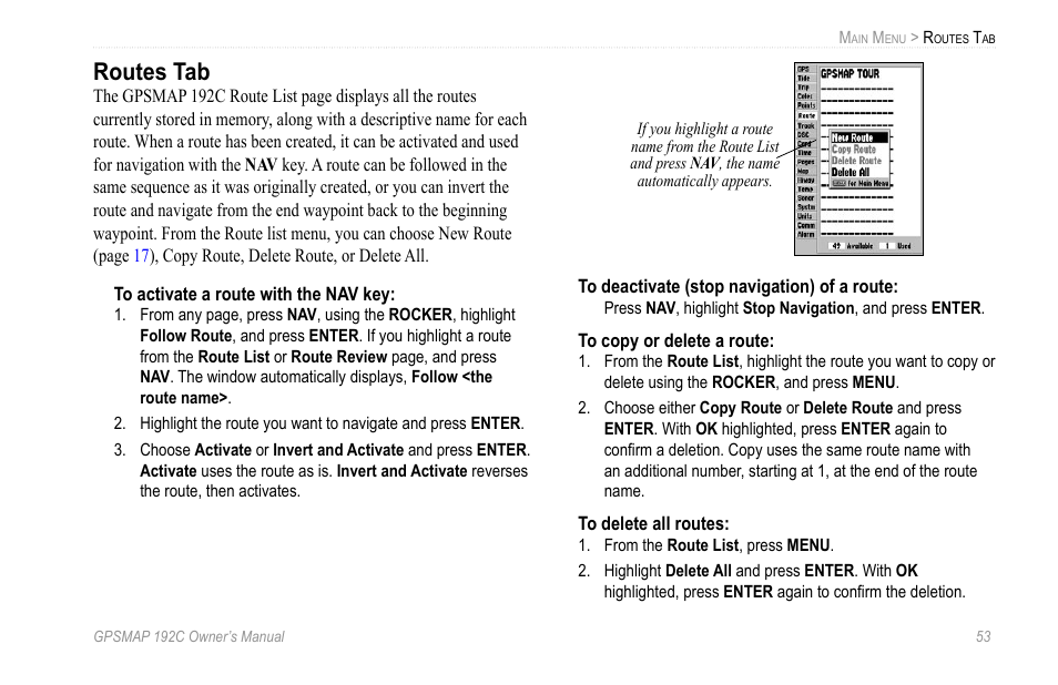 Routes tab | Garmin GPSMAP 192C User Manual | Page 59 / 124