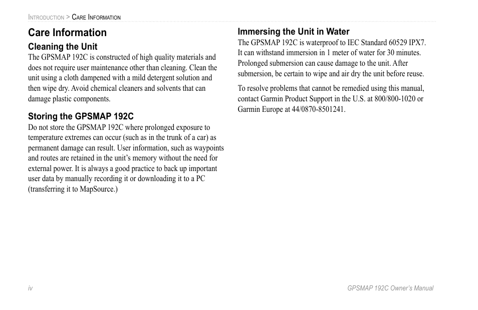 Care information | Garmin GPSMAP 192C User Manual | Page 6 / 124