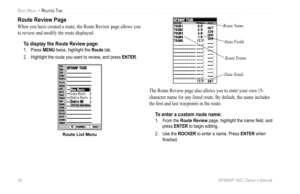 Route review page | Garmin GPSMAP 192C User Manual | Page 60 / 124