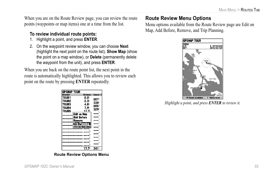 Route review menu options | Garmin GPSMAP 192C User Manual | Page 61 / 124