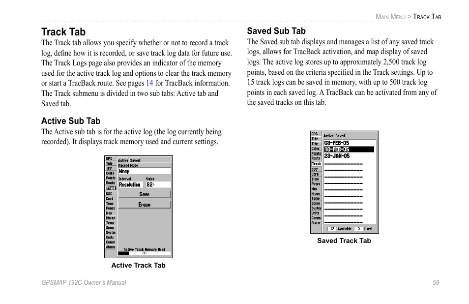 Track tab | Garmin GPSMAP 192C User Manual | Page 65 / 124