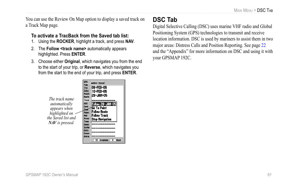 Dsc tab | Garmin GPSMAP 192C User Manual | Page 67 / 124