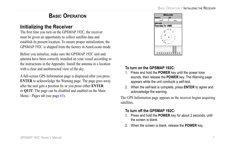 Basic operation, Initializing the receiver | Garmin GPSMAP 192C User Manual | Page 7 / 124