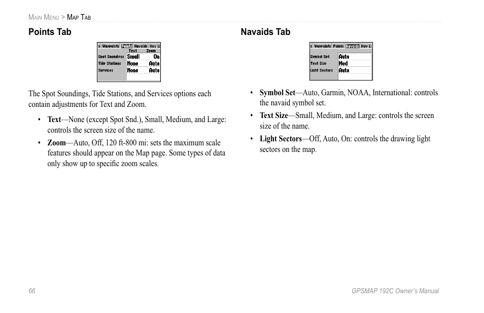 Points tab, Navaids tab | Garmin GPSMAP 192C User Manual | Page 72 / 124