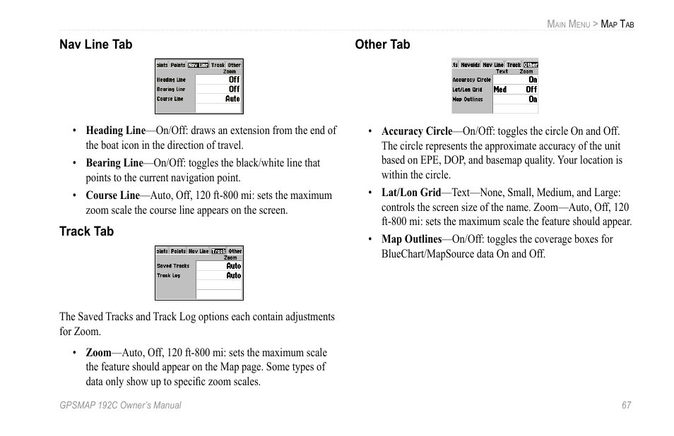 Nav line tab, Track tab, Other tab | Garmin GPSMAP 192C User Manual | Page 73 / 124