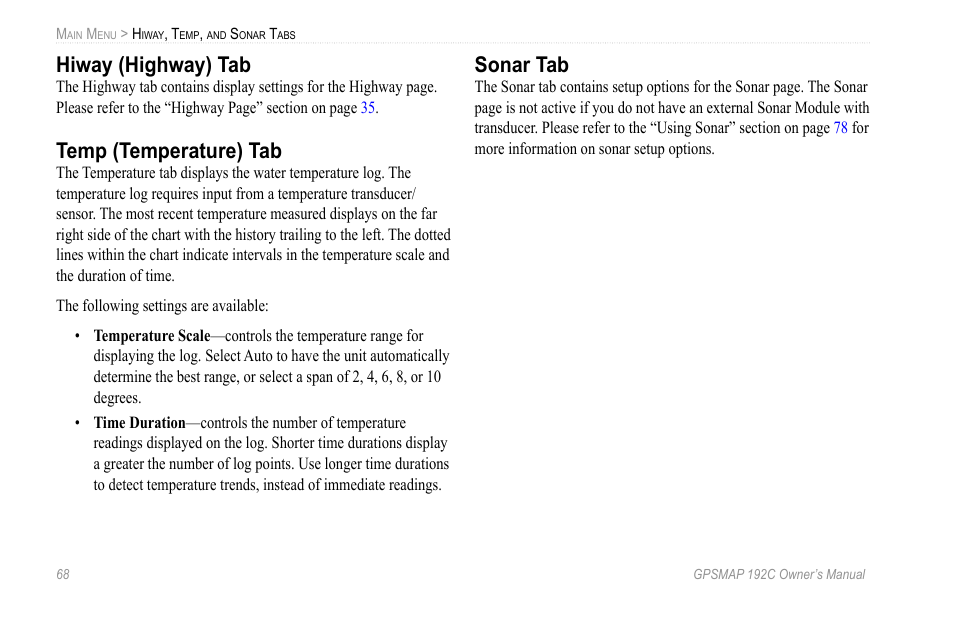 Hiway (highway) tab, Temp (temperature) tab, Sonar tab | Garmin GPSMAP 192C User Manual | Page 74 / 124