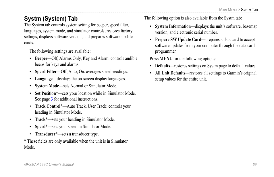 Systm (system) tab | Garmin GPSMAP 192C User Manual | Page 75 / 124