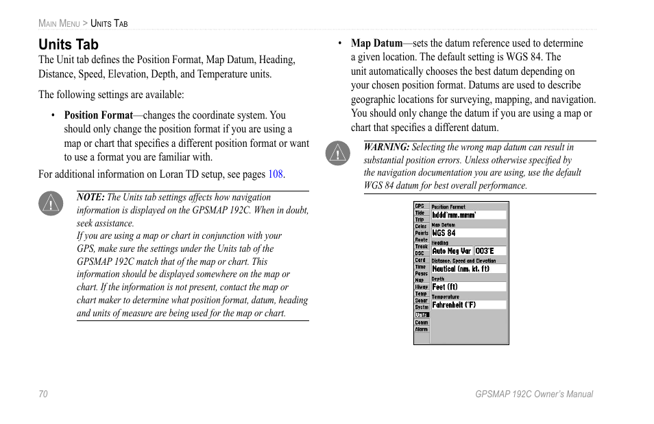 Units tab | Garmin GPSMAP 192C User Manual | Page 76 / 124