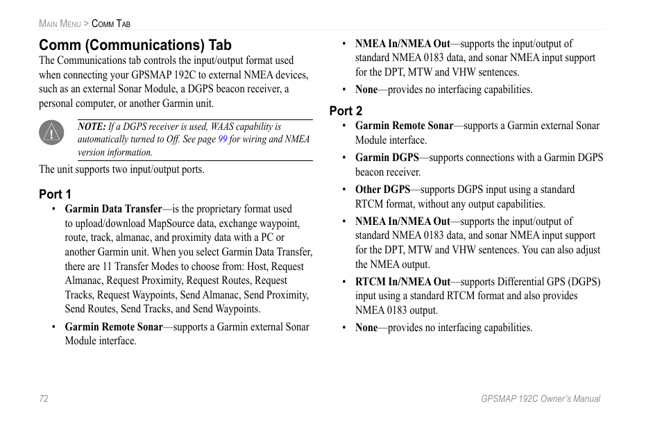 Comm (communications) tab | Garmin GPSMAP 192C User Manual | Page 78 / 124