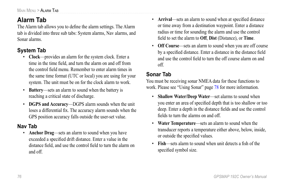Alarm tab | Garmin GPSMAP 192C User Manual | Page 82 / 124