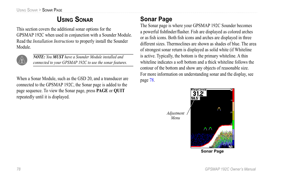 Using sonar, Sonar page | Garmin GPSMAP 192C User Manual | Page 84 / 124