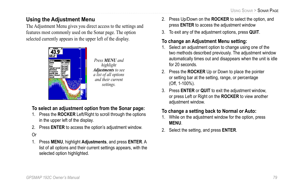 Using the adjustment menu | Garmin GPSMAP 192C User Manual | Page 85 / 124