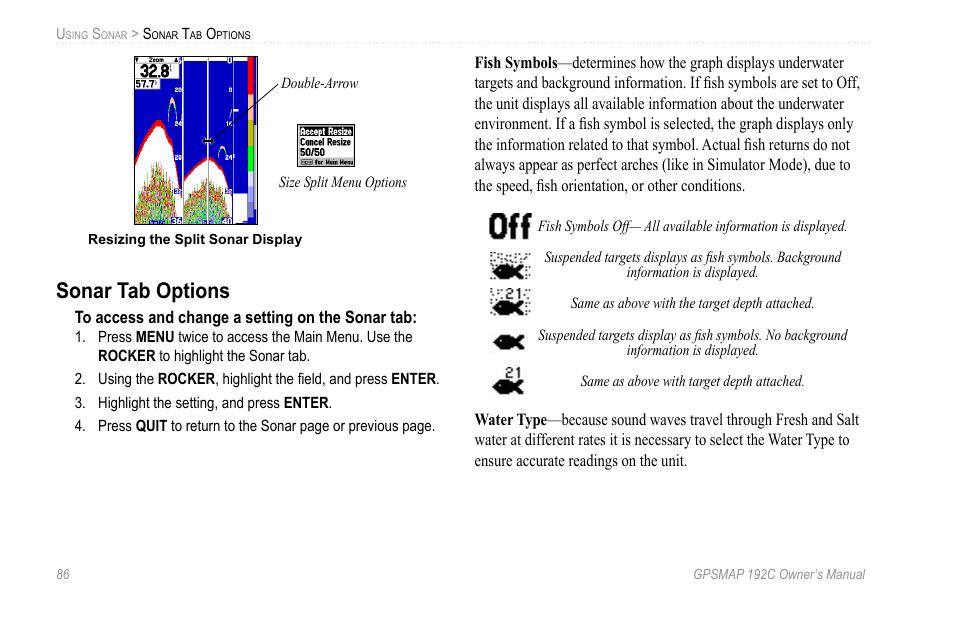 Sonar tab options | Garmin GPSMAP 192C User Manual | Page 92 / 124