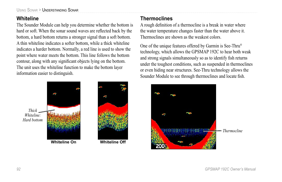 Whiteline, Thermoclines | Garmin GPSMAP 192C User Manual | Page 98 / 124