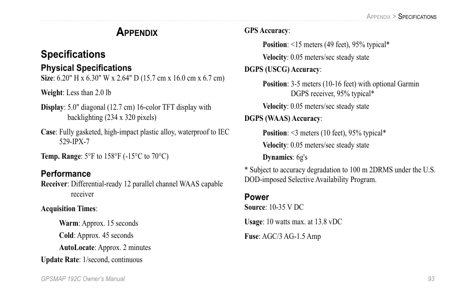 Appendix, Specifications, Speciﬁcations | Garmin GPSMAP 192C User Manual | Page 99 / 124