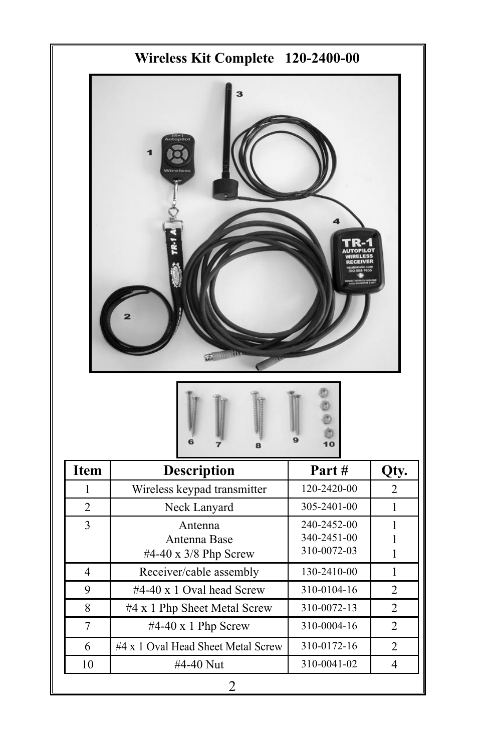 Item description part # qty | Garmin TR-1 User Manual | Page 2 / 8