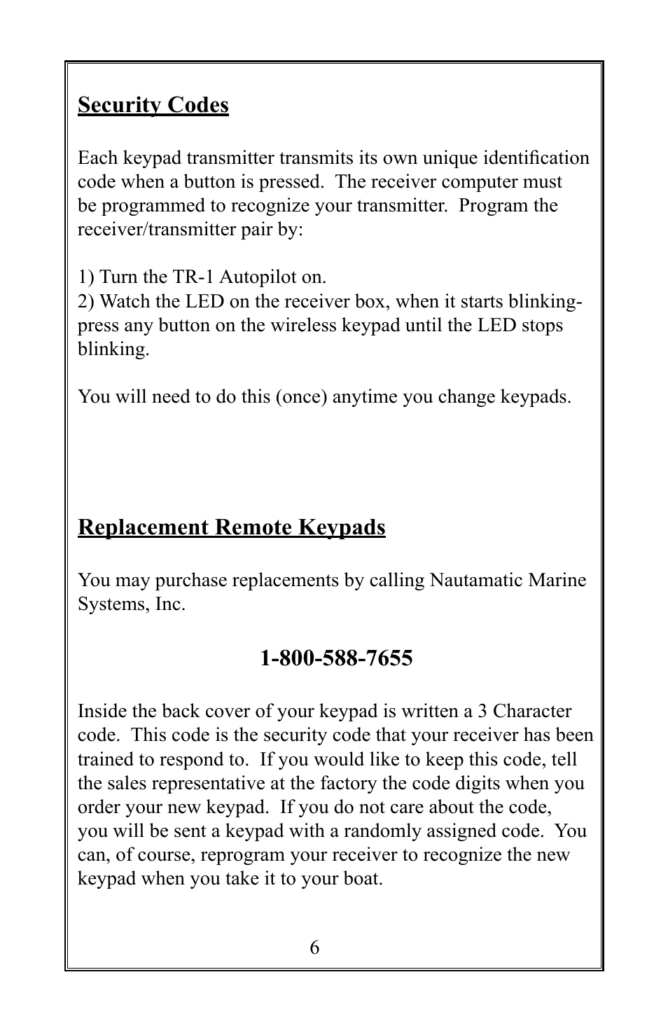 Security codes, Replacement remote keypads | Garmin TR-1 User Manual | Page 6 / 8