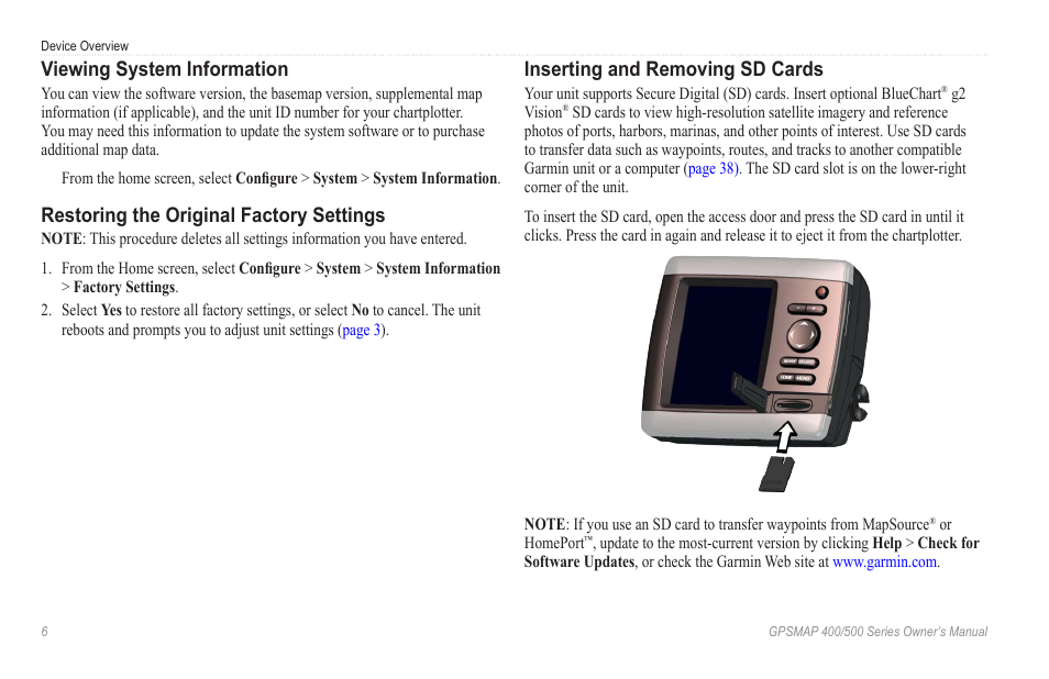 Viewing system information, Restoring the original factory settings, Inserting and removing sd cards | Garmin GPSMAP 546s User Manual | Page 12 / 78