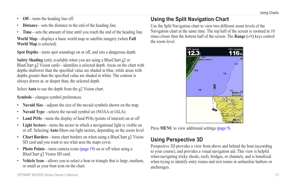 Using the split navigation chart, Using perspective 3d | Garmin GPSMAP 546s User Manual | Page 19 / 78