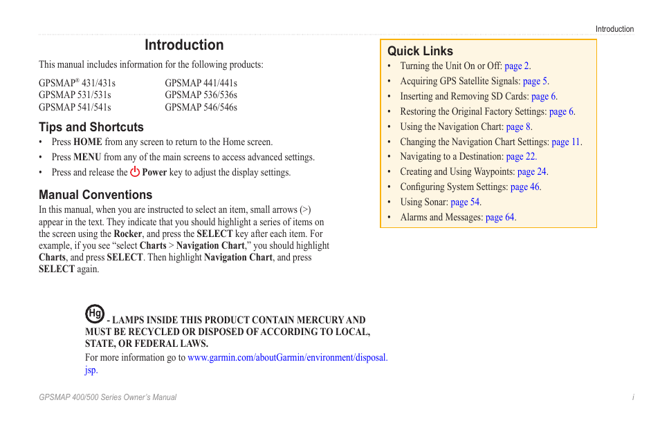 Introduction, Tips and shortcuts, Manual conventions | Quick links | Garmin GPSMAP 546s User Manual | Page 3 / 78