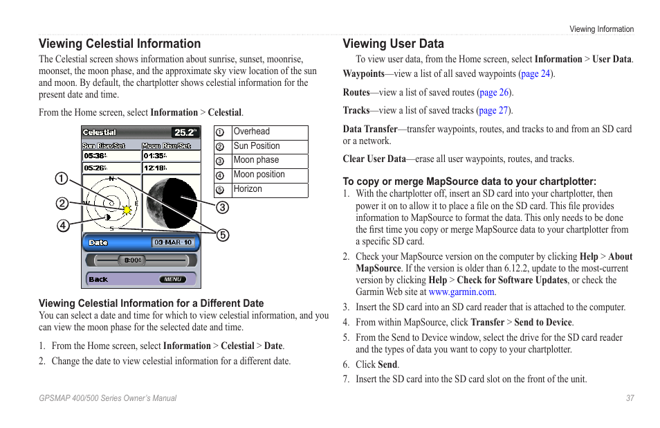 Viewing current information, Viewing celestial information | Garmin GPSMAP 546s User Manual | Page 43 / 78