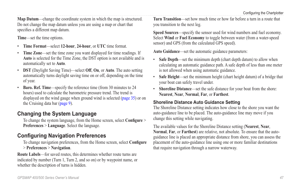 Changing the system language, Configuring navigation preferences, Ision chart information. see | For instructions | Garmin GPSMAP 546s User Manual | Page 53 / 78