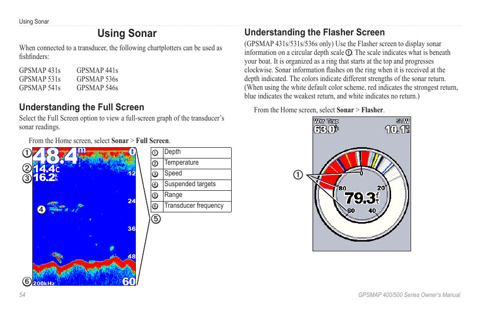 Using sonar, Understanding the full screen, Understanding the flasher screen | Set up and access sonar information | Garmin GPSMAP 546s User Manual | Page 60 / 78