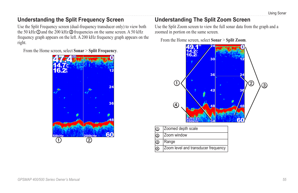 Understanding the split frequency screen, Understanding the split zoom screen | Garmin GPSMAP 546s User Manual | Page 61 / 78