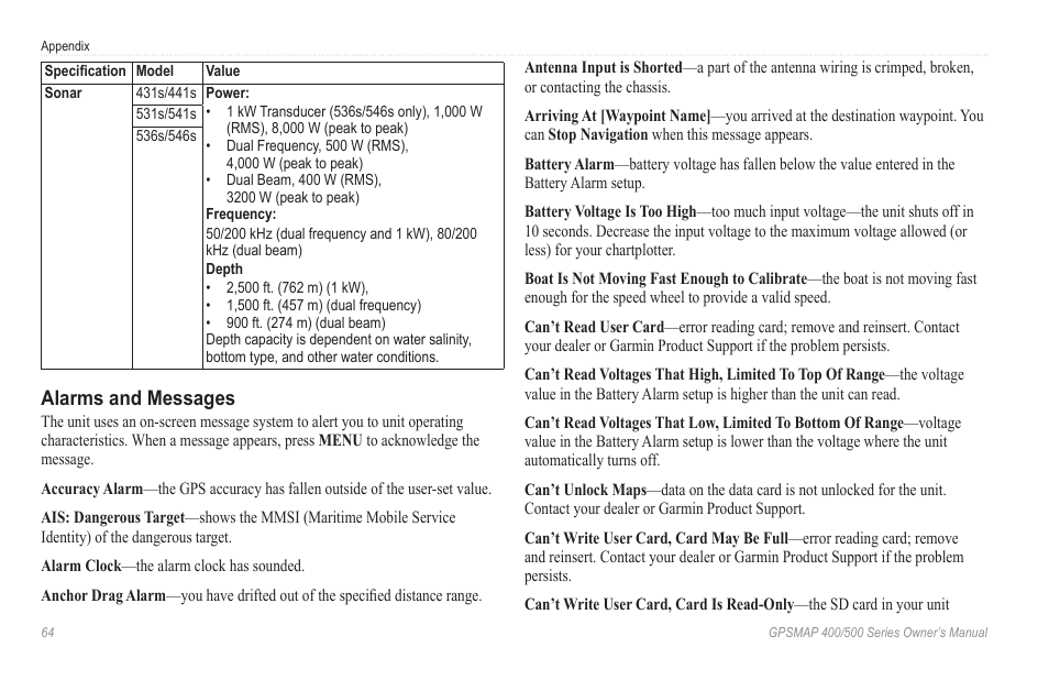 Alarms and messages | Garmin GPSMAP 546s User Manual | Page 70 / 78