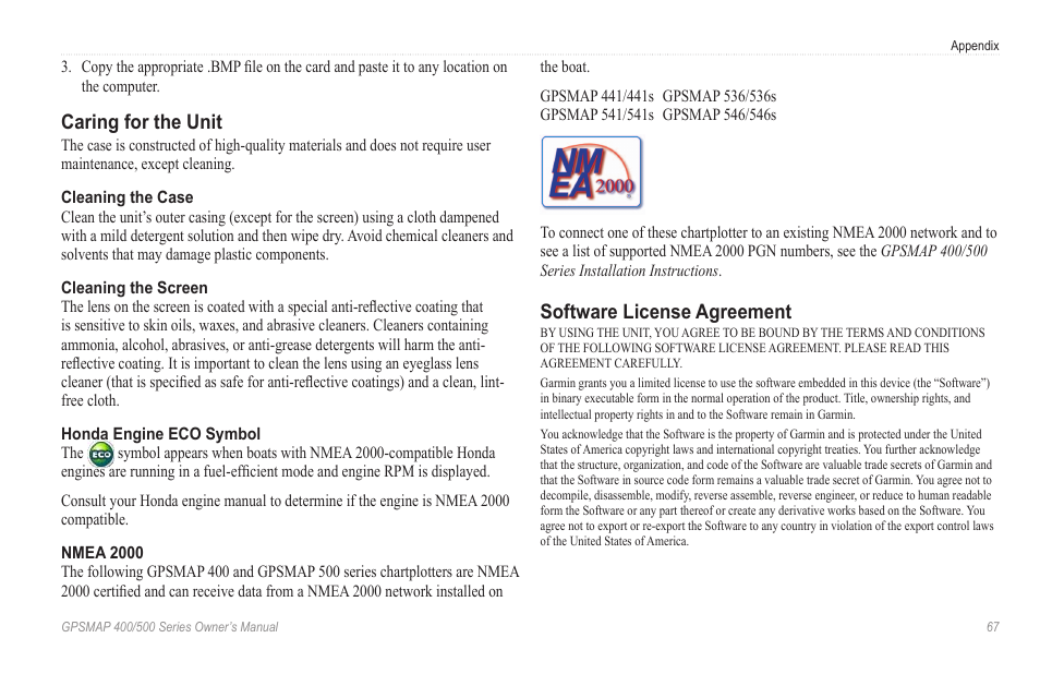 Caring for the unit, Software license agreement | Garmin GPSMAP 546s User Manual | Page 73 / 78