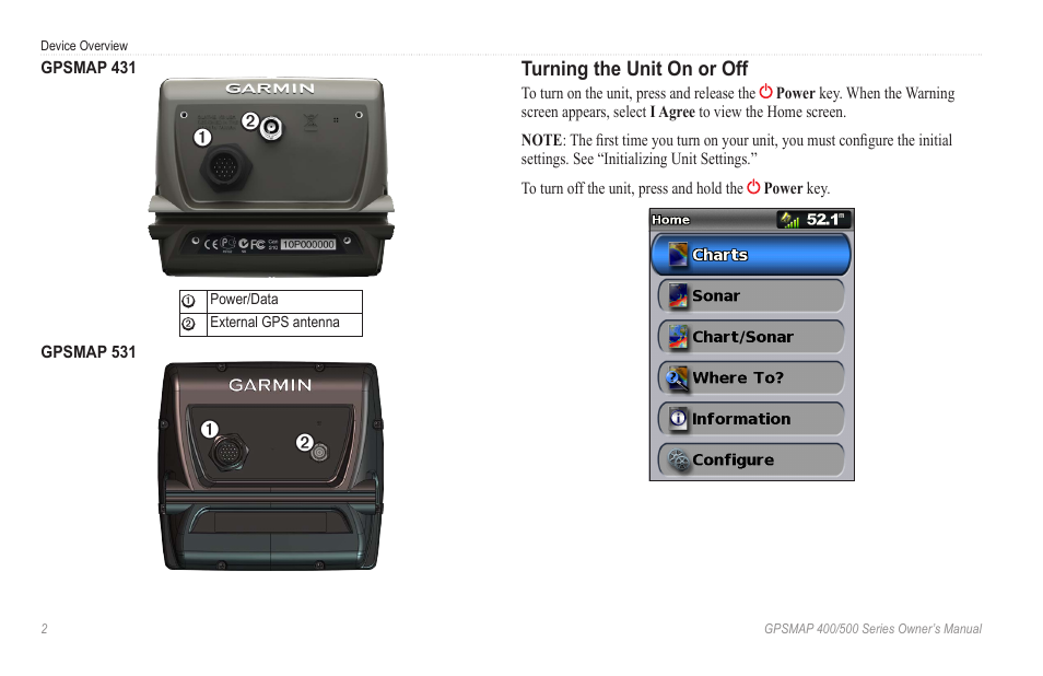 Turning the unit on or off | Garmin GPSMAP 546s User Manual | Page 8 / 78