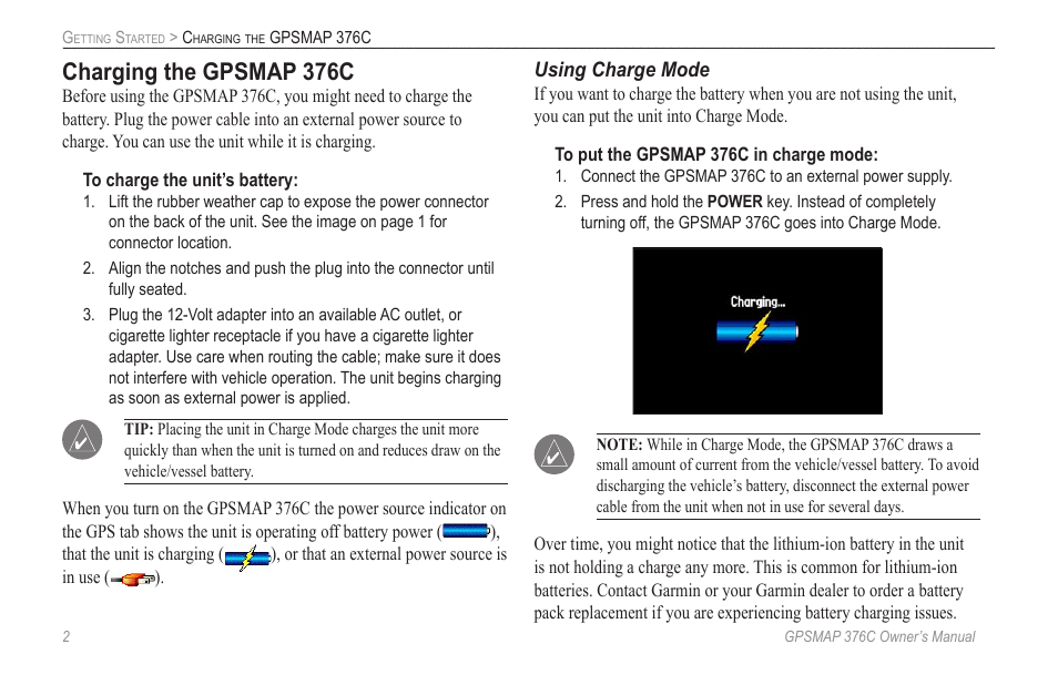 Charging the gpsmap 376c | Garmin GPSMAP 376C User Manual | Page 10 / 152