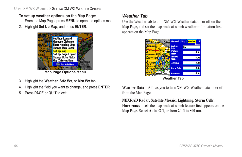 Weather tab | Garmin GPSMAP 376C User Manual | Page 104 / 152