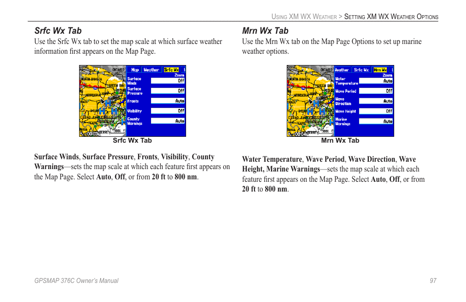 Srfc wx tab, Mrn wx tab | Garmin GPSMAP 376C User Manual | Page 105 / 152