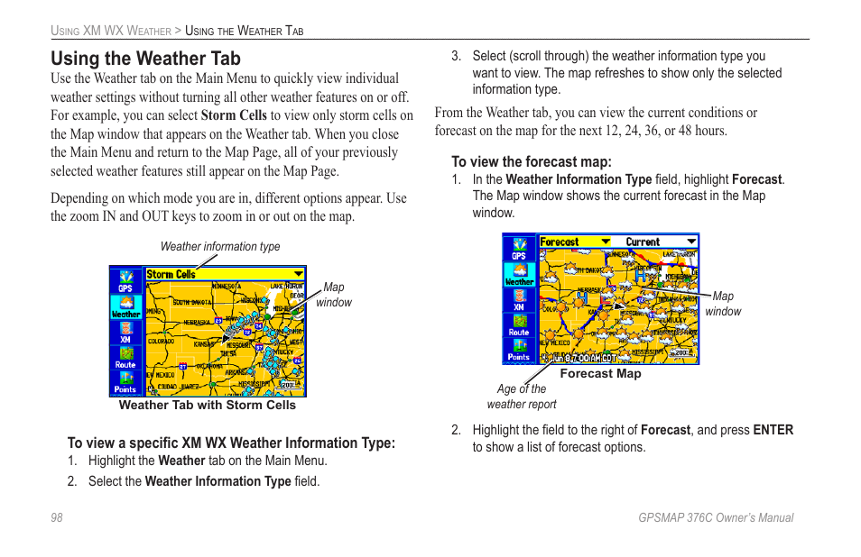 Using the weather tab | Garmin GPSMAP 376C User Manual | Page 106 / 152