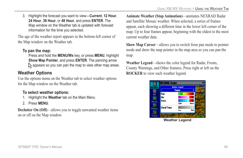 Weather options | Garmin GPSMAP 376C User Manual | Page 107 / 152