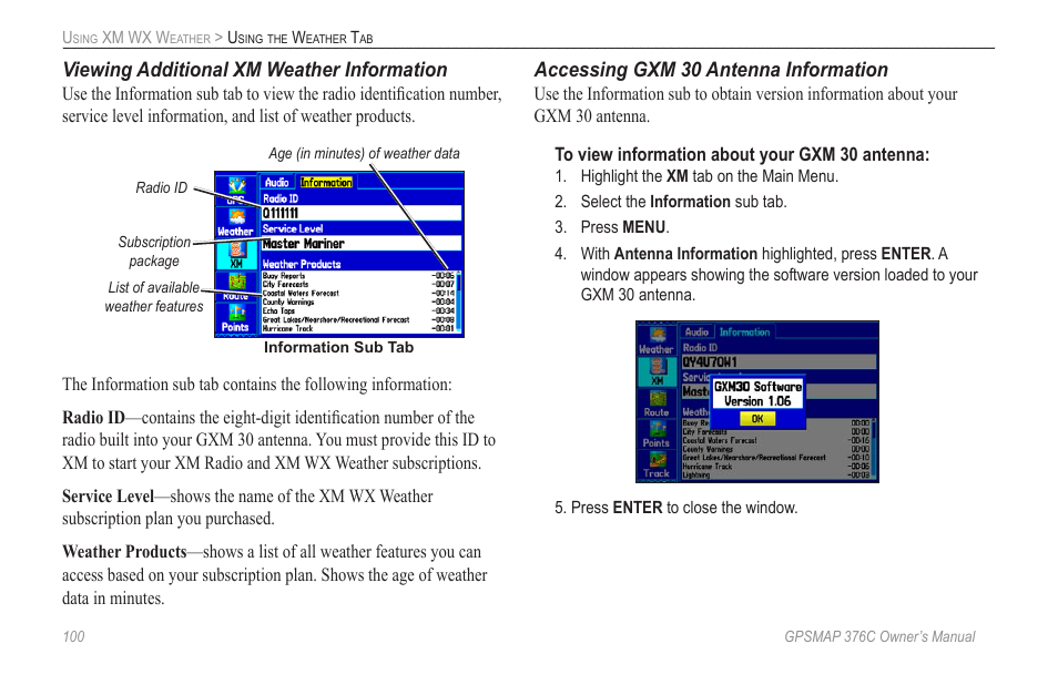 Viewing additional xm weather information, Accessing gxm 30 antenna information | Garmin GPSMAP 376C User Manual | Page 108 / 152