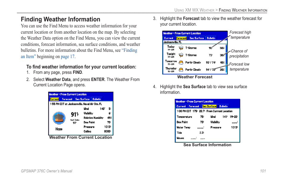 Finding weather information | Garmin GPSMAP 376C User Manual | Page 109 / 152