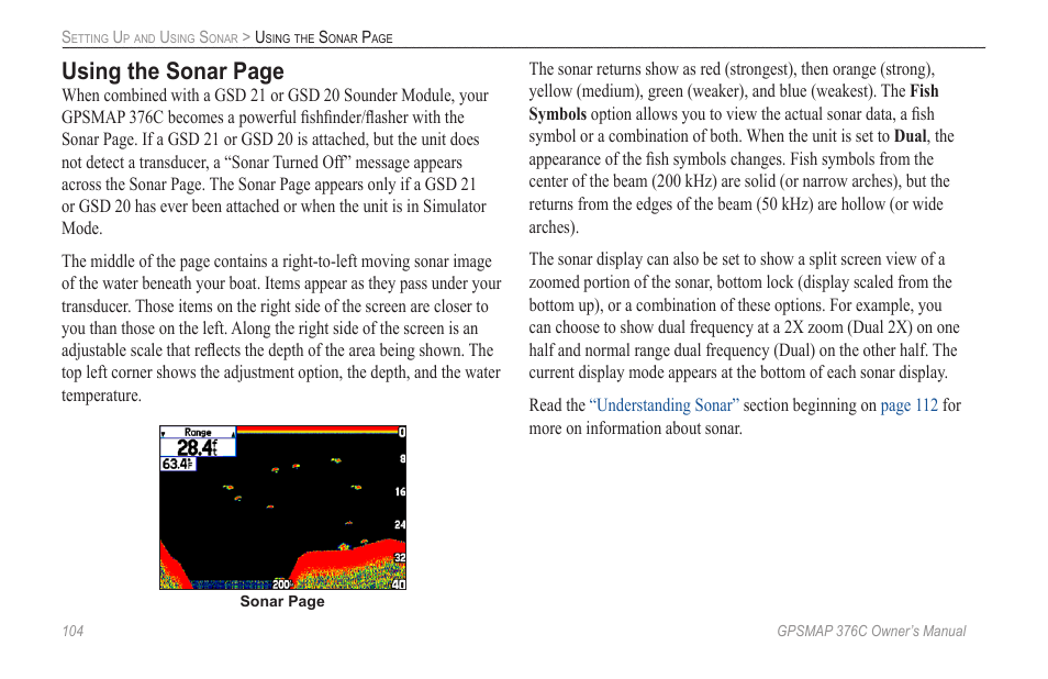 Using the sonar page | Garmin GPSMAP 376C User Manual | Page 112 / 152