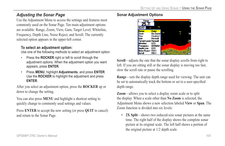 Adjusting the sonar page | Garmin GPSMAP 376C User Manual | Page 113 / 152