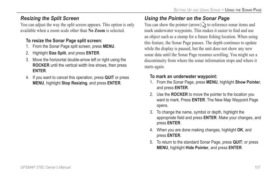 Resizing the split screen, Using the pointer on the sonar page | Garmin GPSMAP 376C User Manual | Page 115 / 152