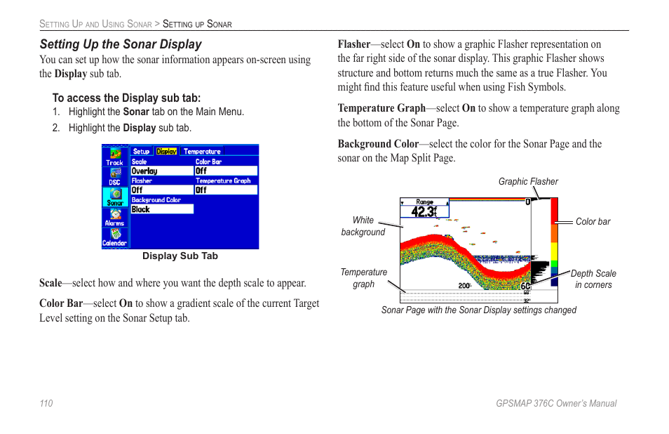 Setting up the sonar display | Garmin GPSMAP 376C User Manual | Page 118 / 152