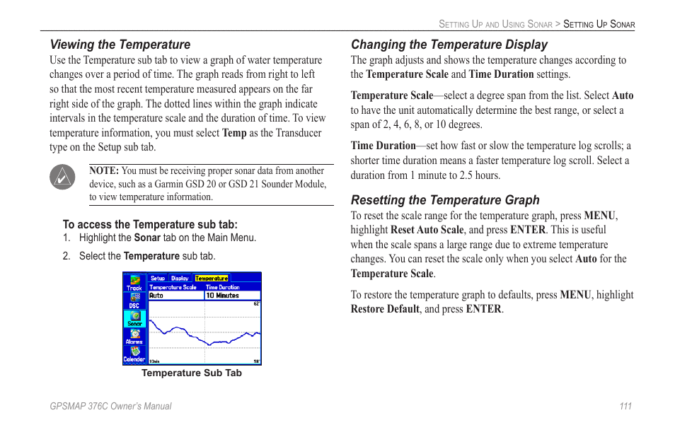 Viewing the temperature, Changing the temperature display, Resetting the temperature graph | Garmin GPSMAP 376C User Manual | Page 119 / 152