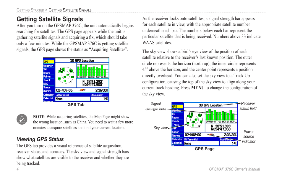 Getting satellite signals, Viewing gps status | Garmin GPSMAP 376C User Manual | Page 12 / 152