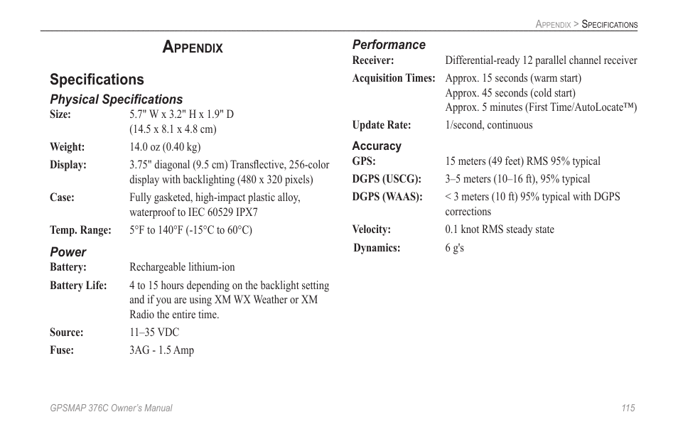 Appendix, Specifications | Garmin GPSMAP 376C User Manual | Page 123 / 152