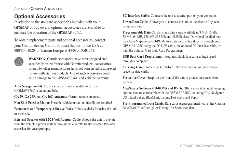 Optional accessories | Garmin GPSMAP 376C User Manual | Page 124 / 152