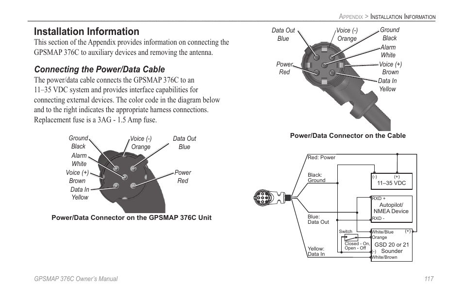 Installation information, Connecting the power/data cable | Garmin GPSMAP 376C User Manual | Page 125 / 152