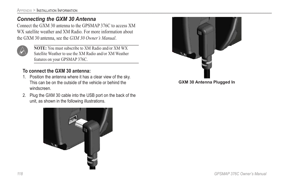 Connecting the gxm 30 antenna | Garmin GPSMAP 376C User Manual | Page 126 / 152