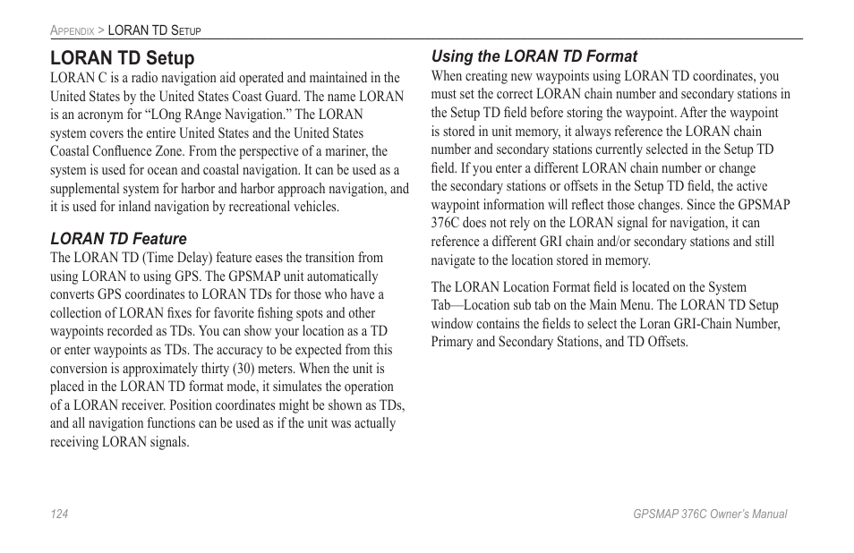 Loran td setup | Garmin GPSMAP 376C User Manual | Page 132 / 152