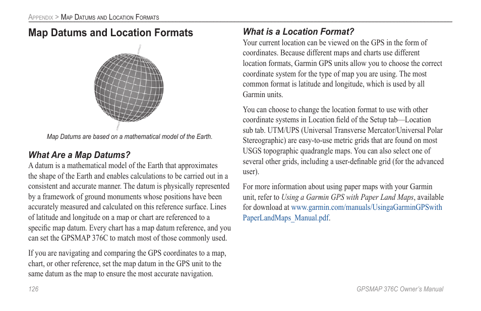 Map datums and location formats | Garmin GPSMAP 376C User Manual | Page 134 / 152